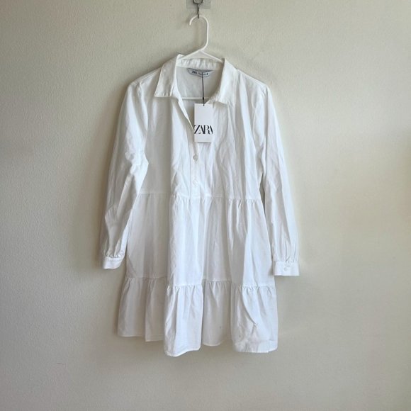 Zara | Dresses | Zara White Tiered Shirt Dress Long Sleeve Cotton Size Xl |  Poshmark